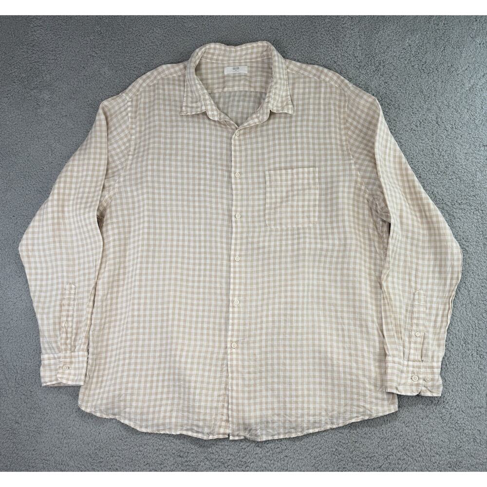 Uniqlo Men Sz 3XL Brown & White Gingham Long Sleeve Button-Up Shirt 100% Linen
